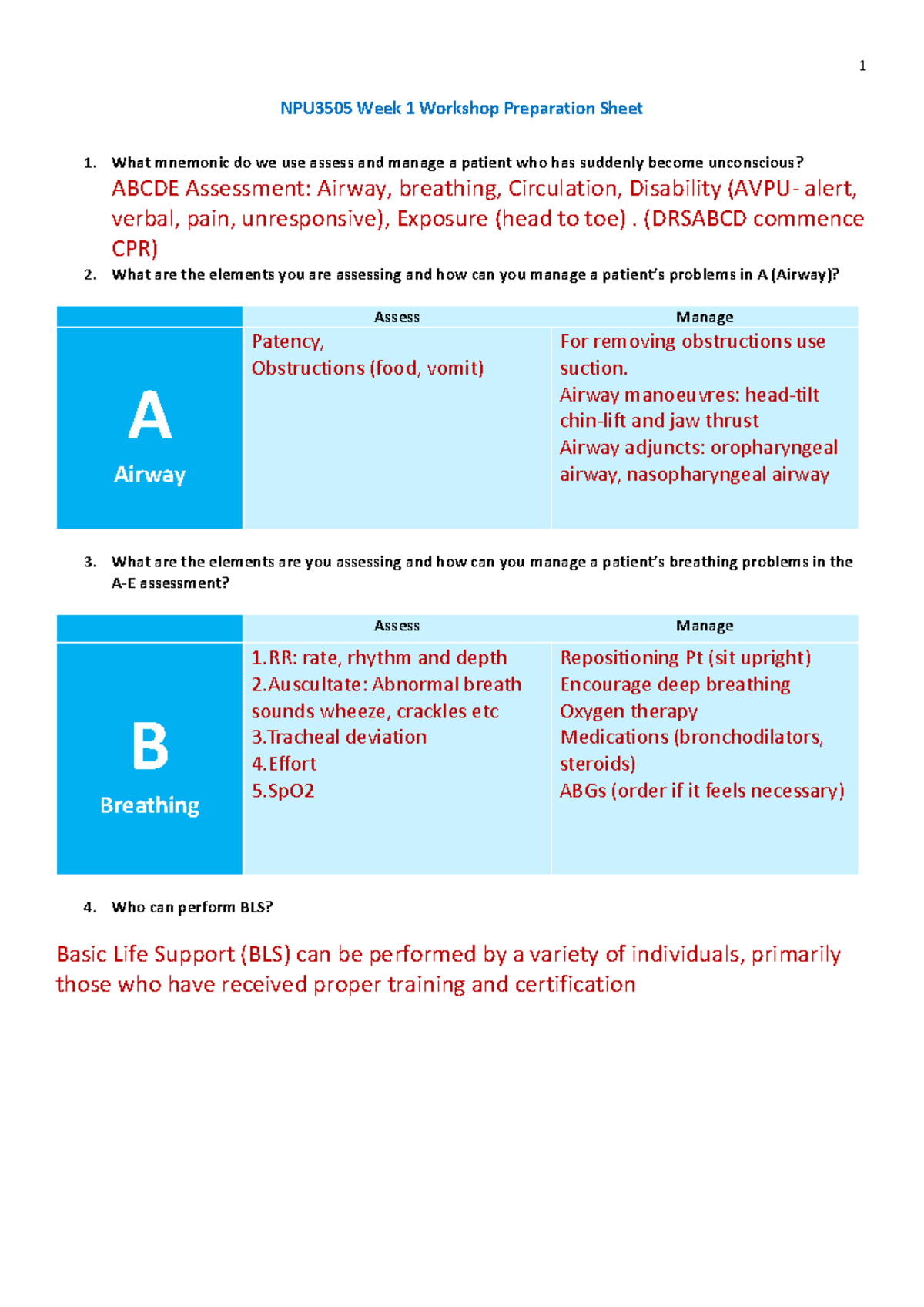 NPU3505 Week 1 Workshop Prep: ABCDE Assessment & BLS Overview - Studocu