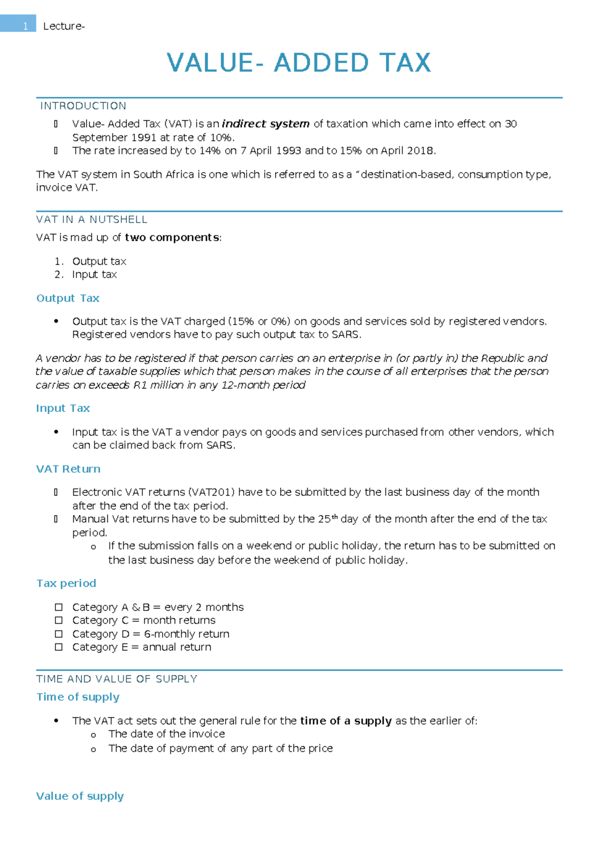 Lecture 01 - notes - VALUE- ADDED TAX INTRODUCTION Value- Added Tax ...