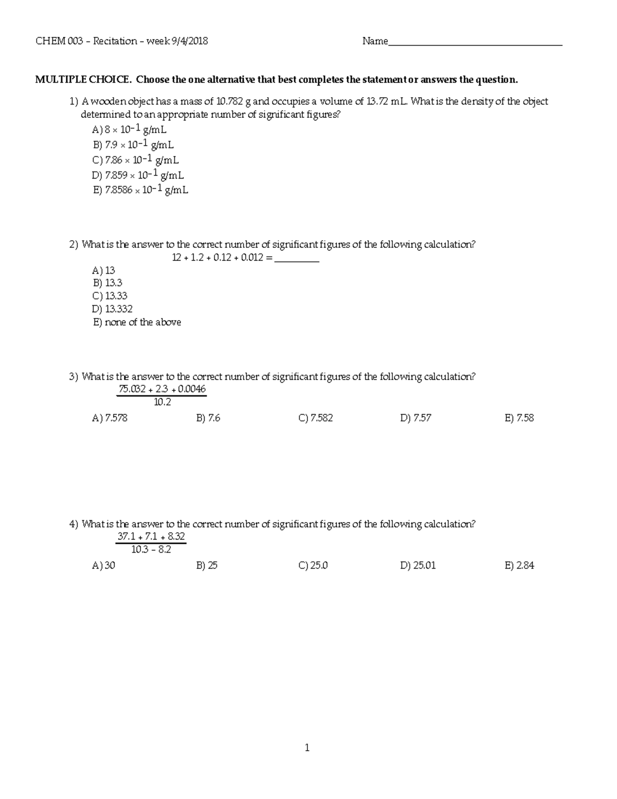 CHEM 003 - Recitation - Week 9 Multiple Choice Questions - Studocu
