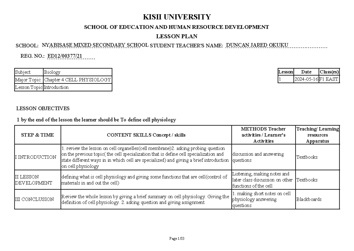 Comprehensive Lesson Plans for Biology: April-August 2024 ED12 00377 21 ...