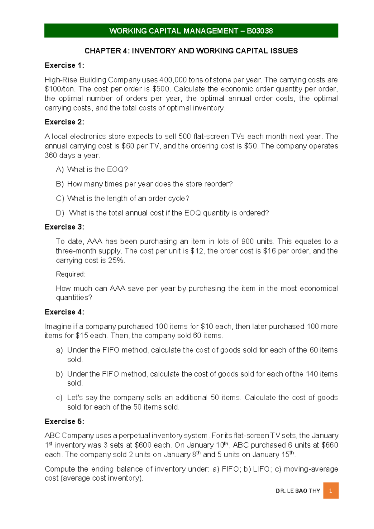 B03038 Chapter 4: Inventory Management Exercises and Solutions - Studocu