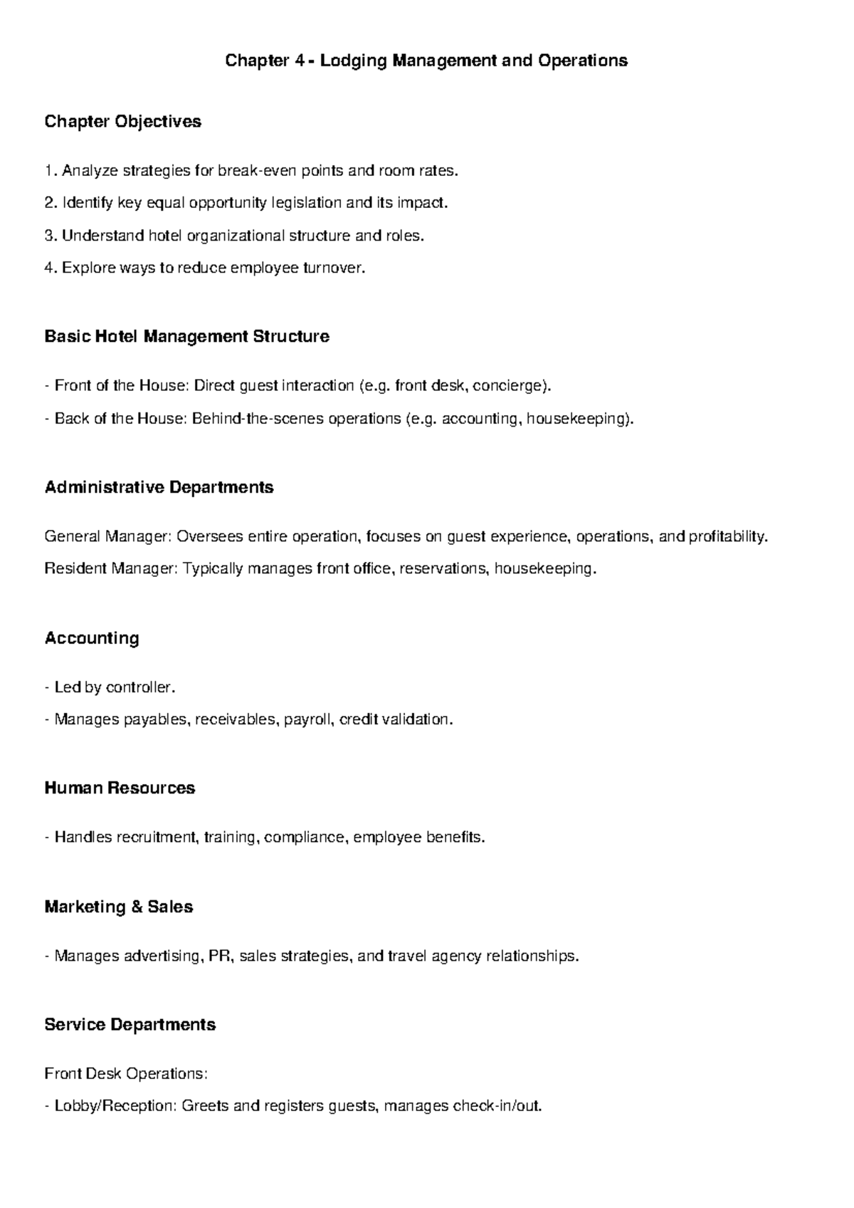 Chapter 4: Lodging Management & Operations (HTM130) Overview - Studocu