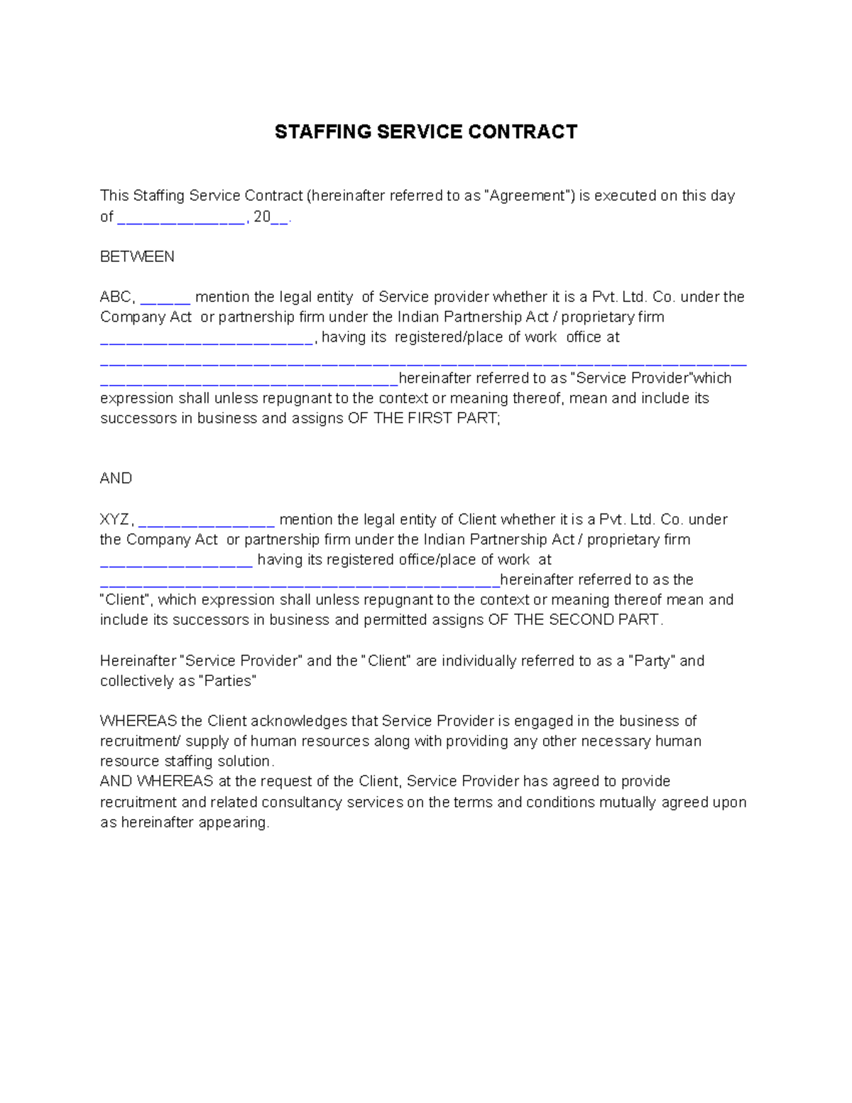 Staffing Service Contract Agreement - ABC & XYZ - Studocu