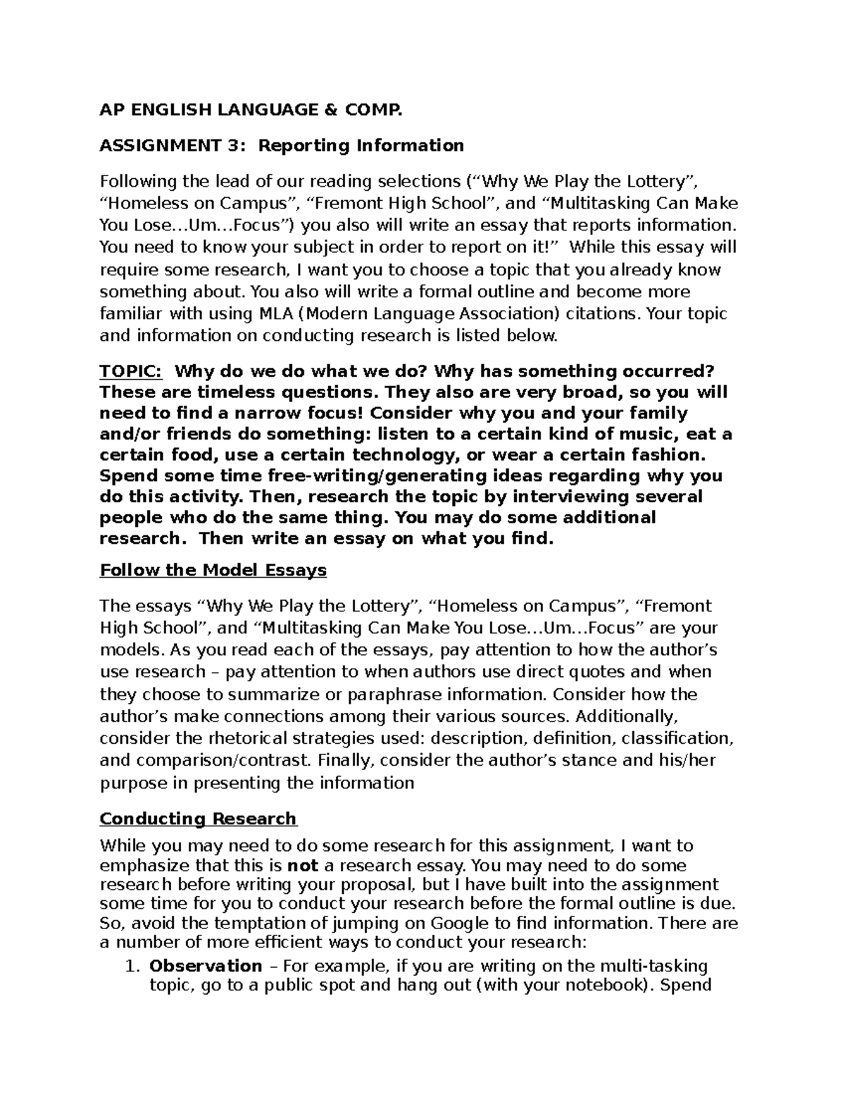AP English Language & Comp: Assignment 3 Essay Guidelines - Studocu