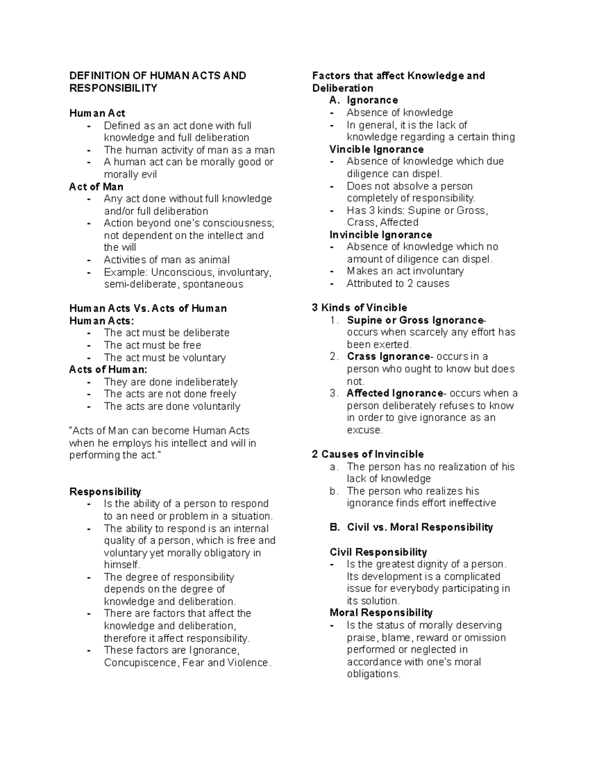 Ethics Midterm Study Guide: Human Acts & Moral Responsibility - Studocu