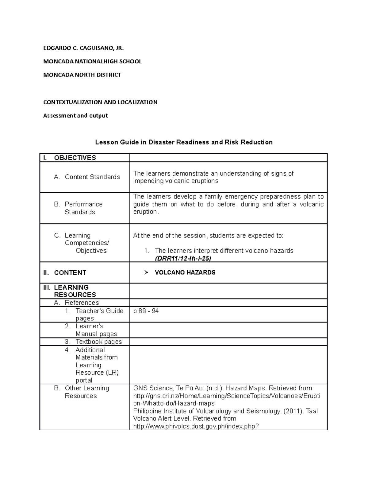Lesson Guide in Disaster Readiness (DRR11/12) - Volcano Hazards - Studocu
