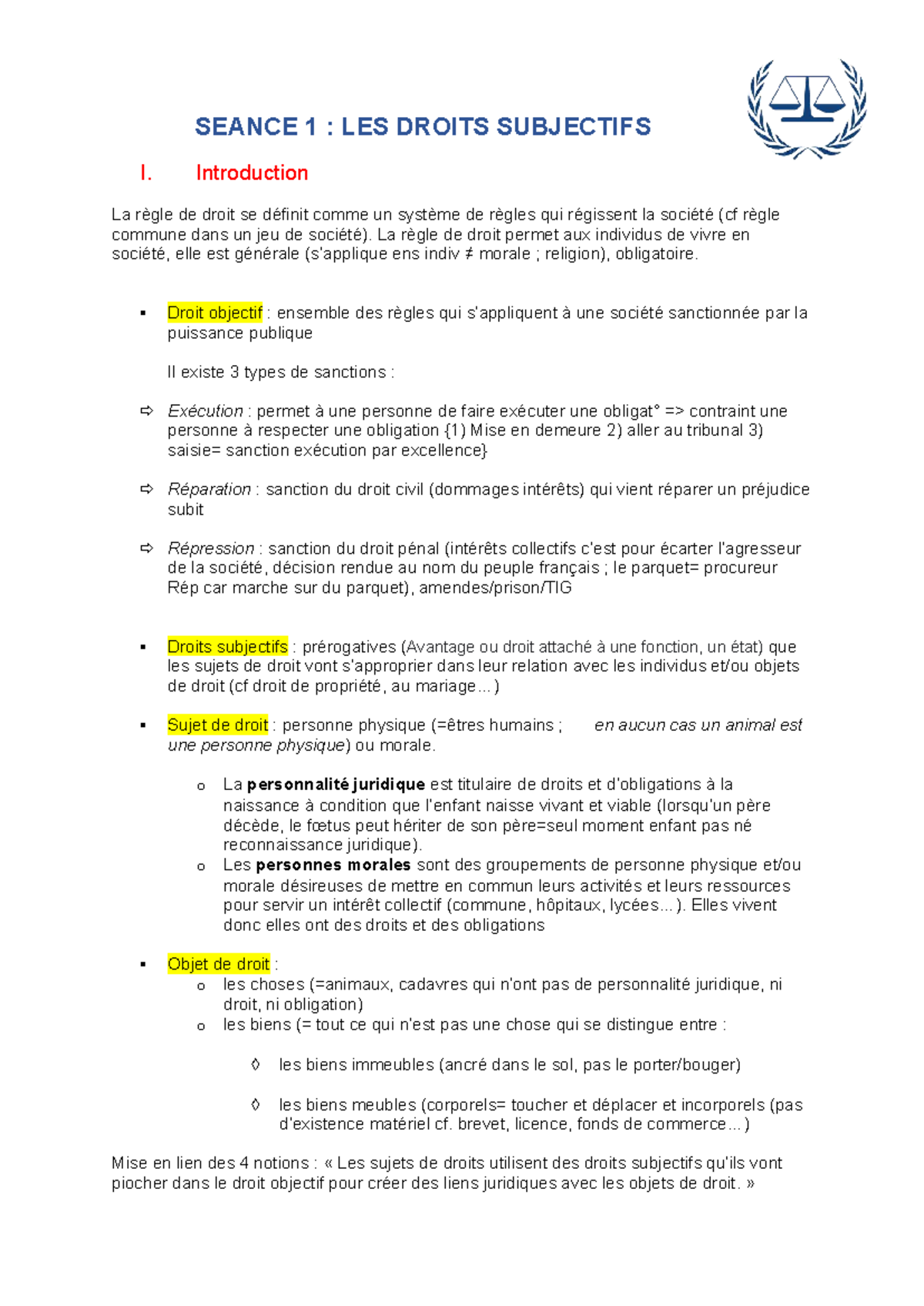 Droits Subjectifs et Règles de Droit - Cours n°1 - Studocu