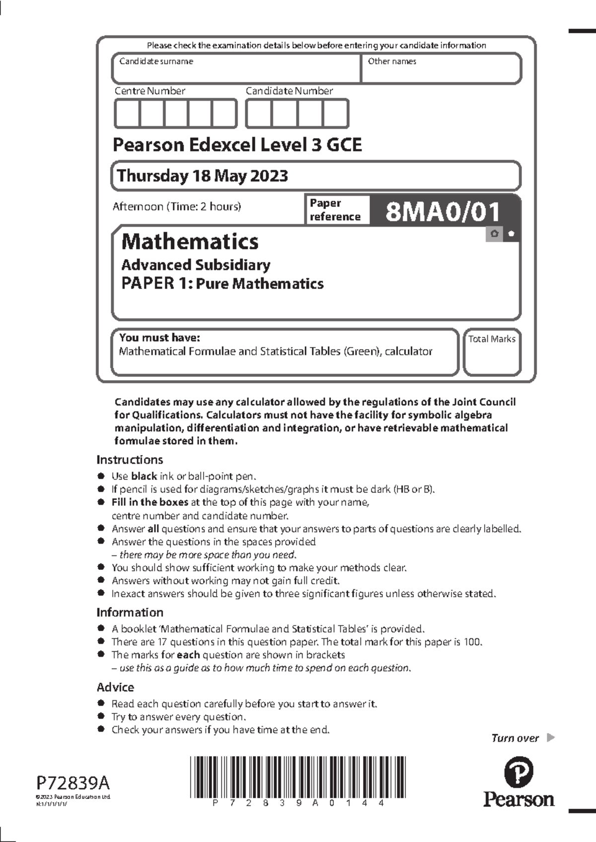 Edexcel AS Level 3 GCE Mathematics Paper 1 Pure Exam - May 2023 - Studocu
