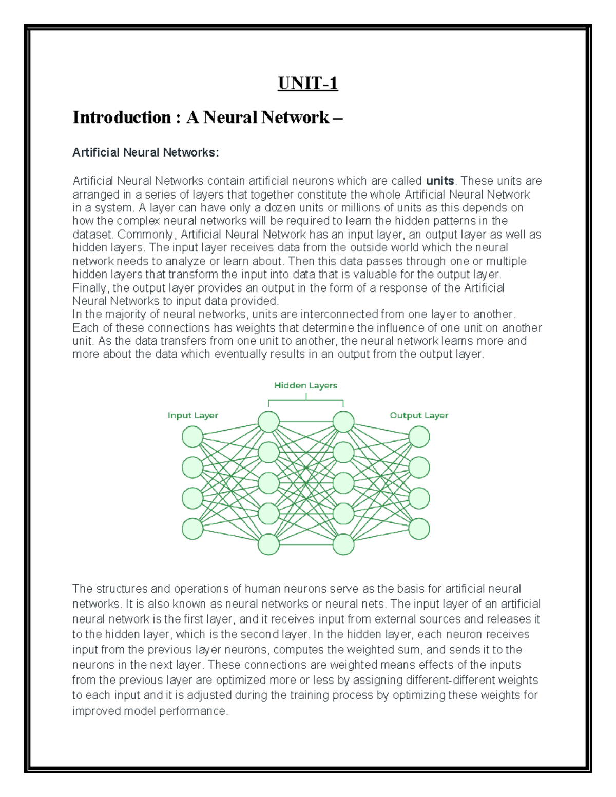 MCA - 3RD ANN UNIT-1 Neural Networks Overview Notes - Studocu