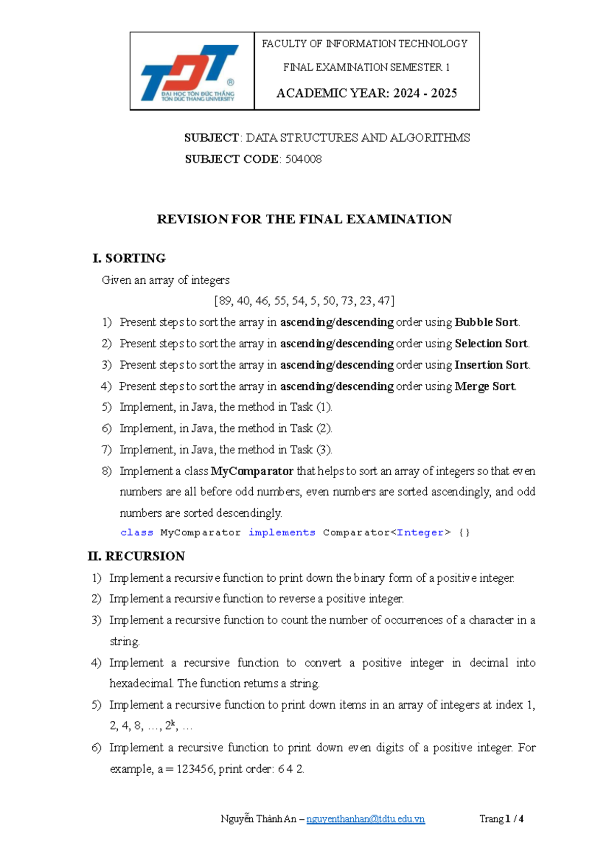 DATA STRUCTURES AND ALGORITHMS FINAL EXAM REVISION 504008 - Studocu