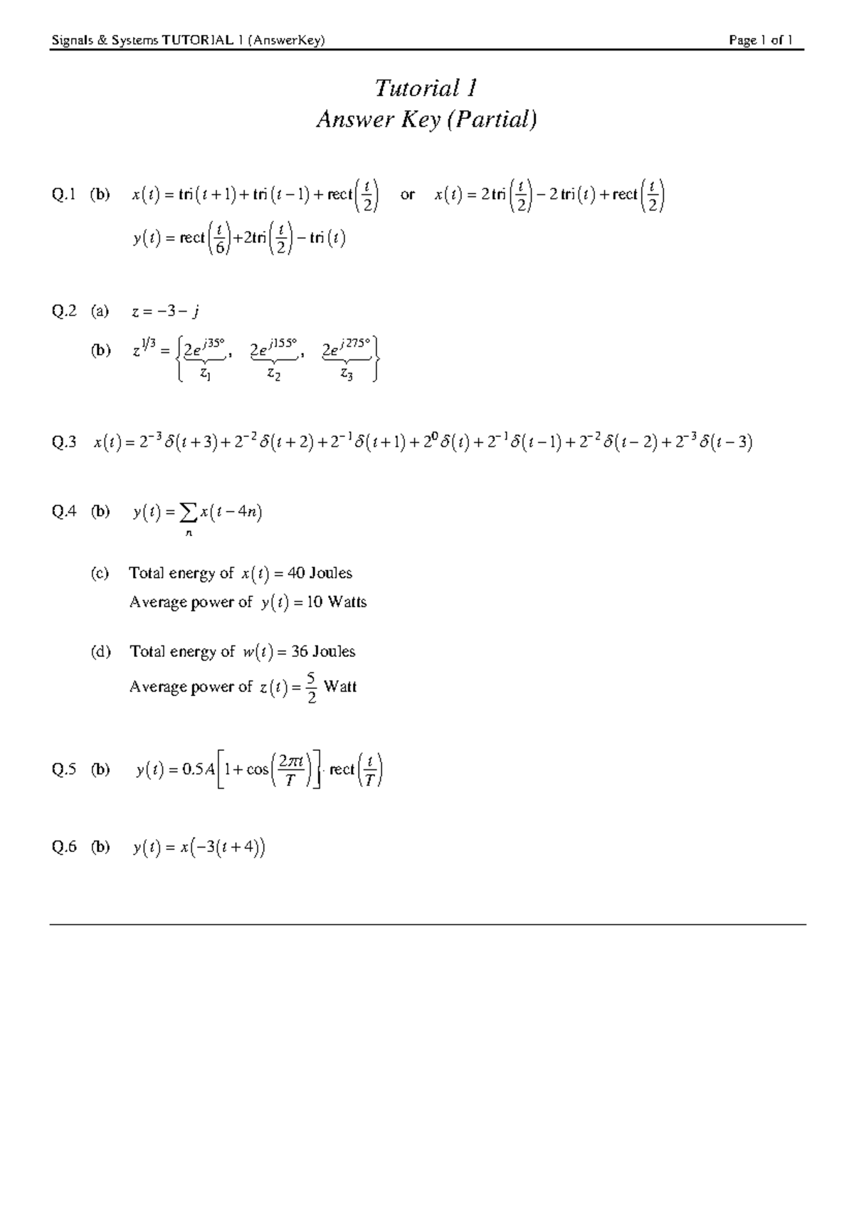 Signals Systems TUTORIAL 1 Answer Key (Partial) - Studocu