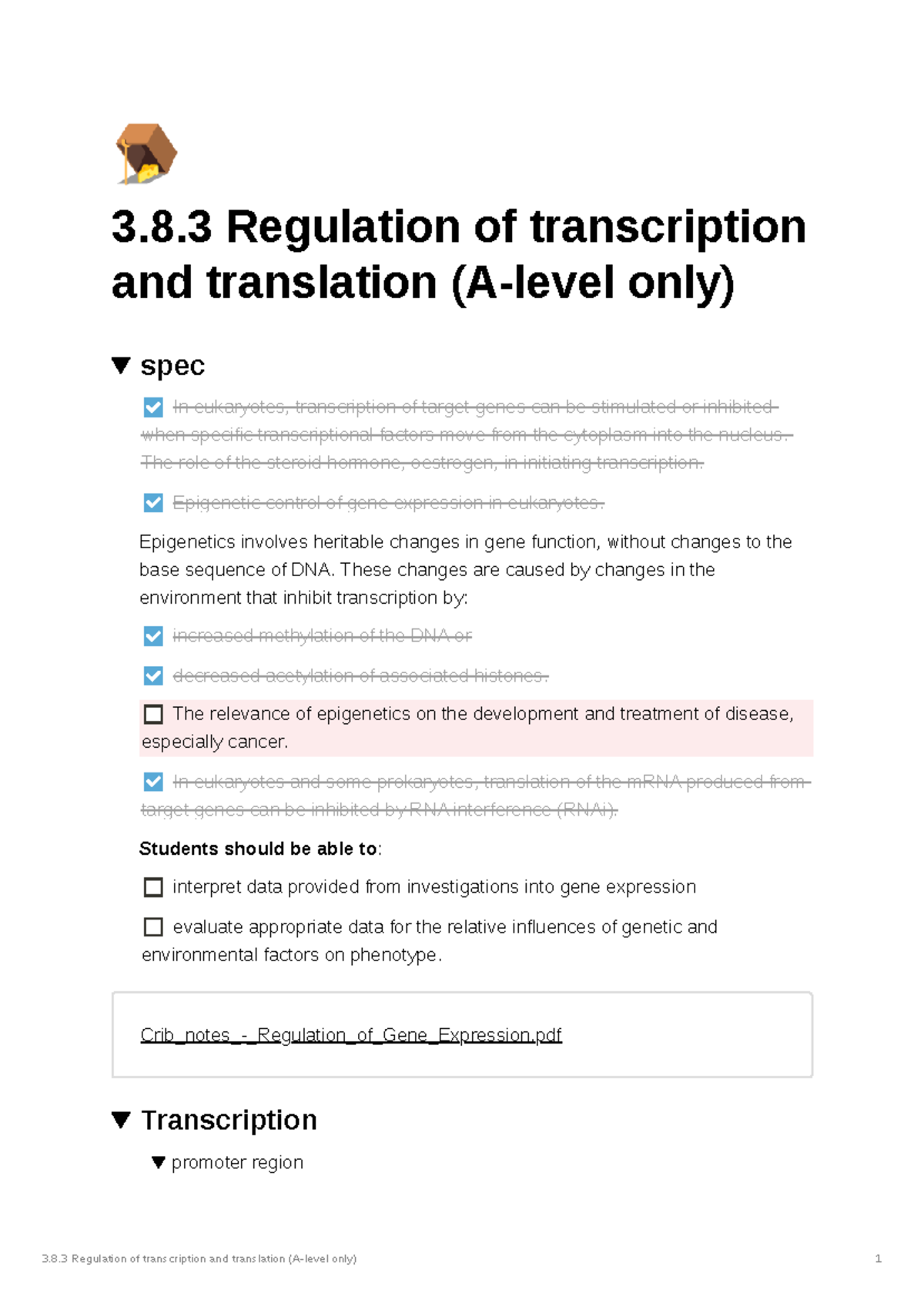 3.8.3 A-Level Regulation of Transcription and Translation Notes - Studocu