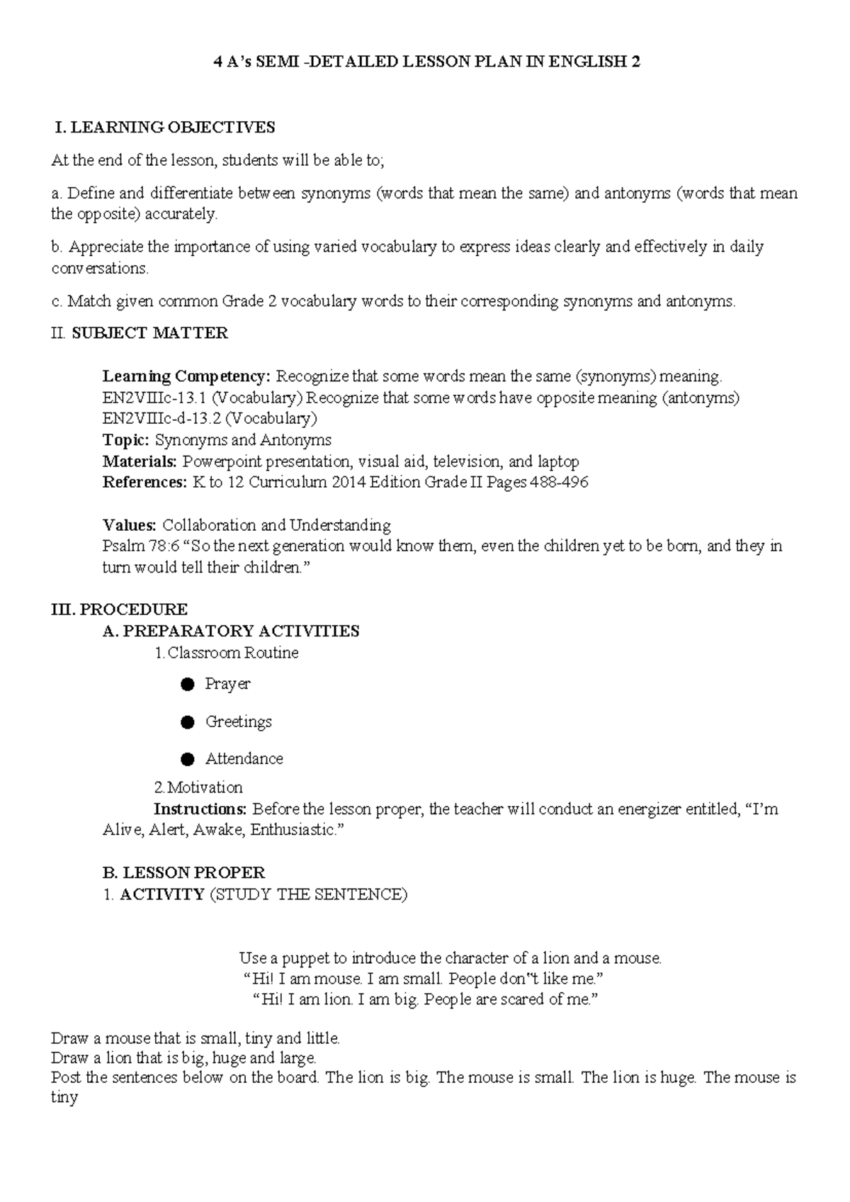 4 SEMI LESSON PLAN IN ENGLISH 2: SYNONYMS & ANTONYMS - Studocu