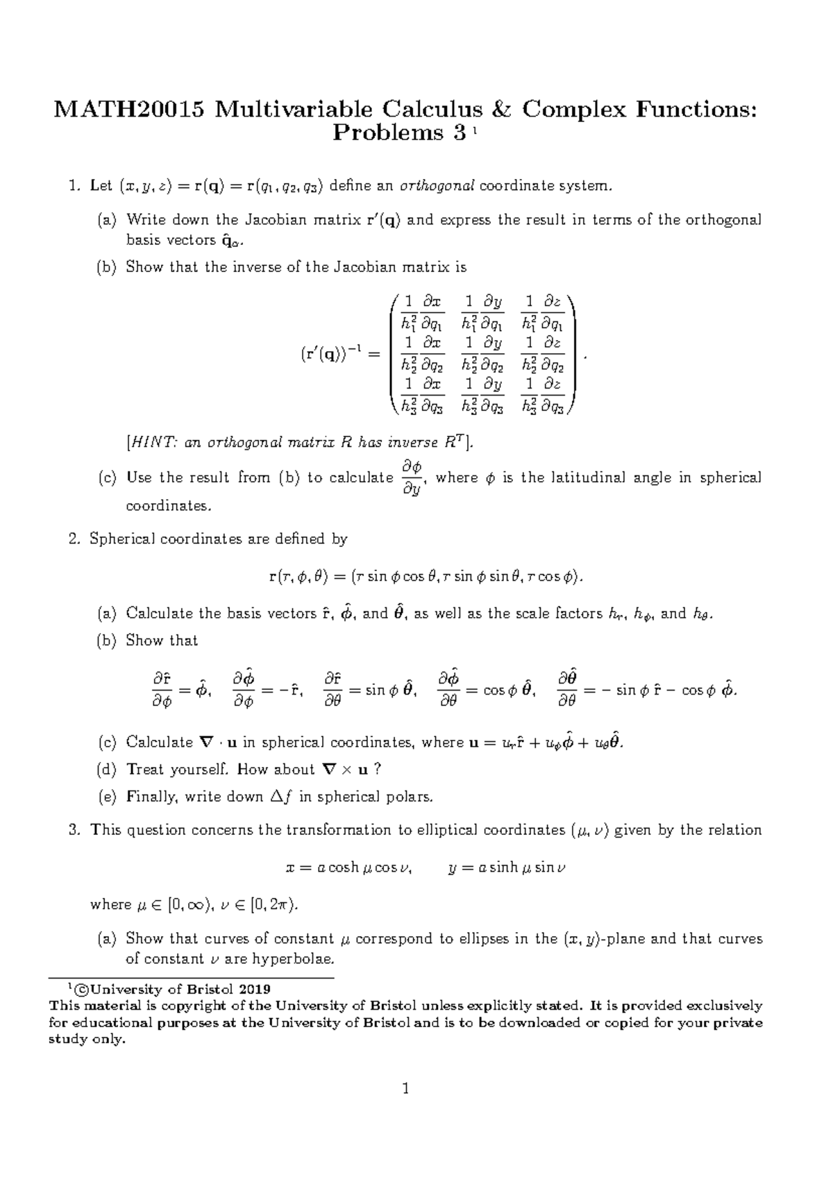 MATH20015 Multivariable Calculus Homework 3 Solutions & Problems - Studocu
