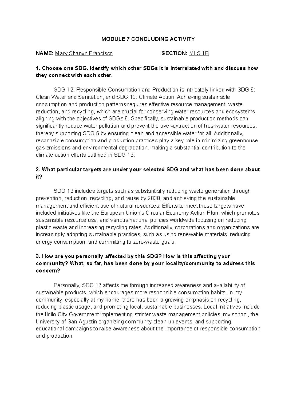 MLS 1B Module 7 Concluding Activity on SDG 12 Connections - Studocu