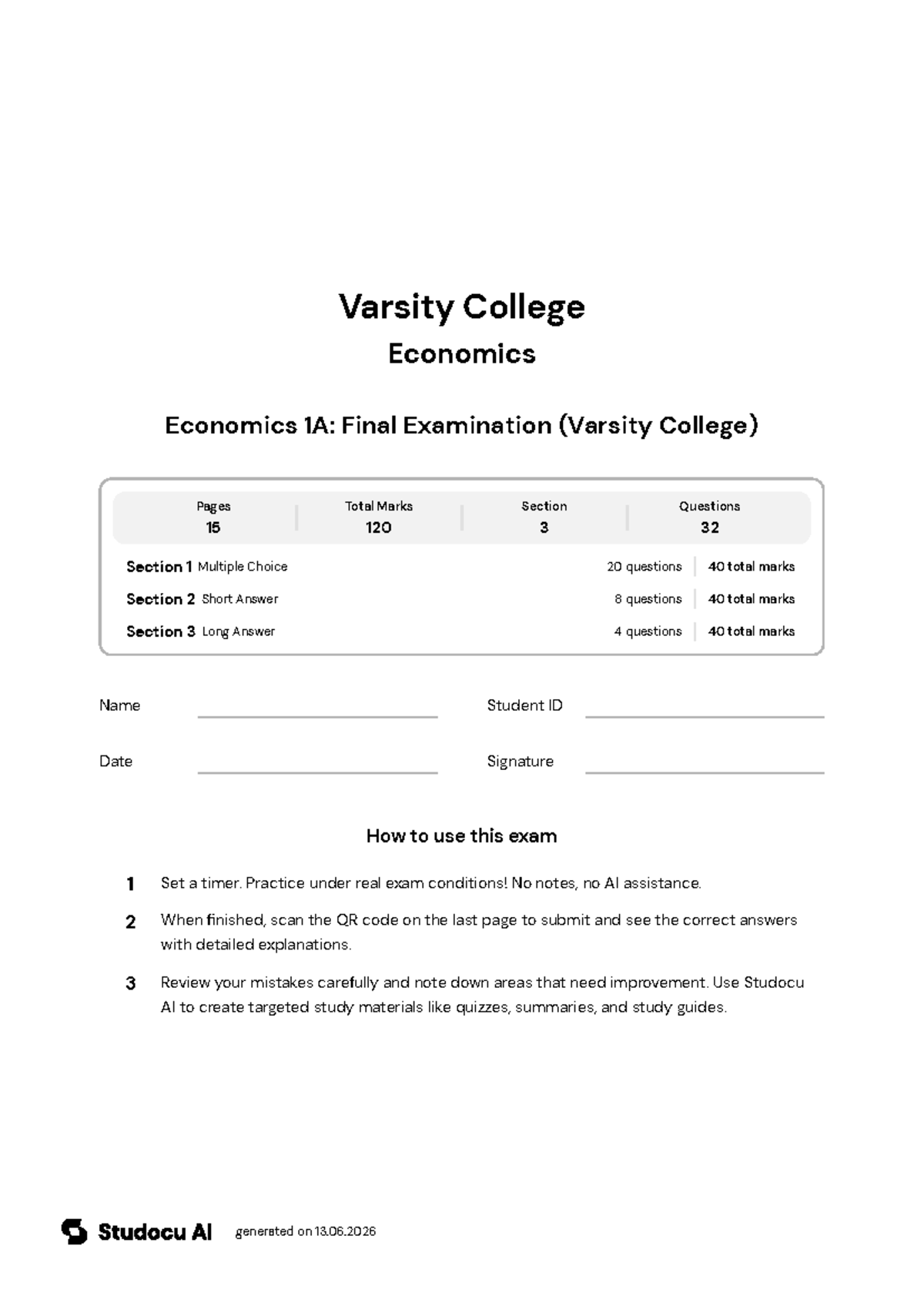 Economics 1A: Final Examination (Varsity College) - Studocu