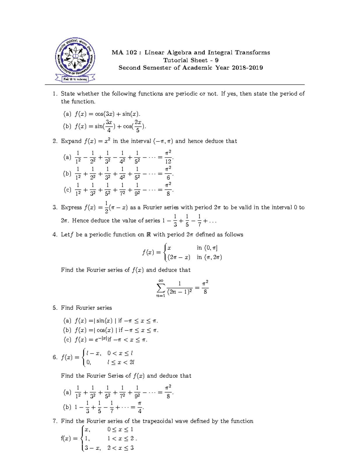 MA 102: Linear Algebra - Solutions for Tutorial Sheet 9 - Studocu