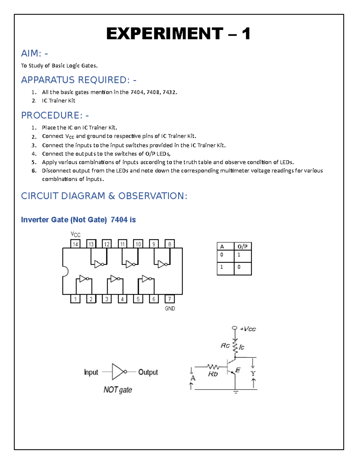 CO LAB: Basic Logic Gates Experiment and Truth Table Verification - Studocu