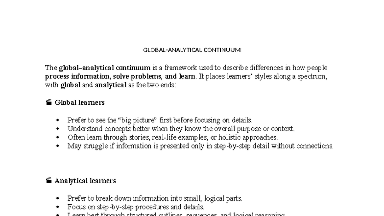 Global vs. Analytical Learning Styles: A Continuum Framework - Studocu