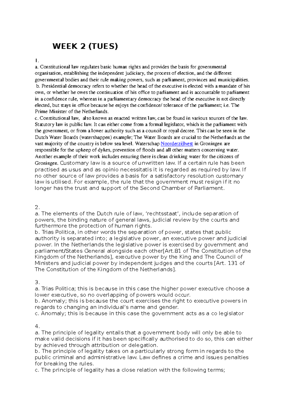 WEEK 2 LECTURE NOTES: CONSTITUTIONAL LAW & DUTCH GOVERNANCE - Studeersnel