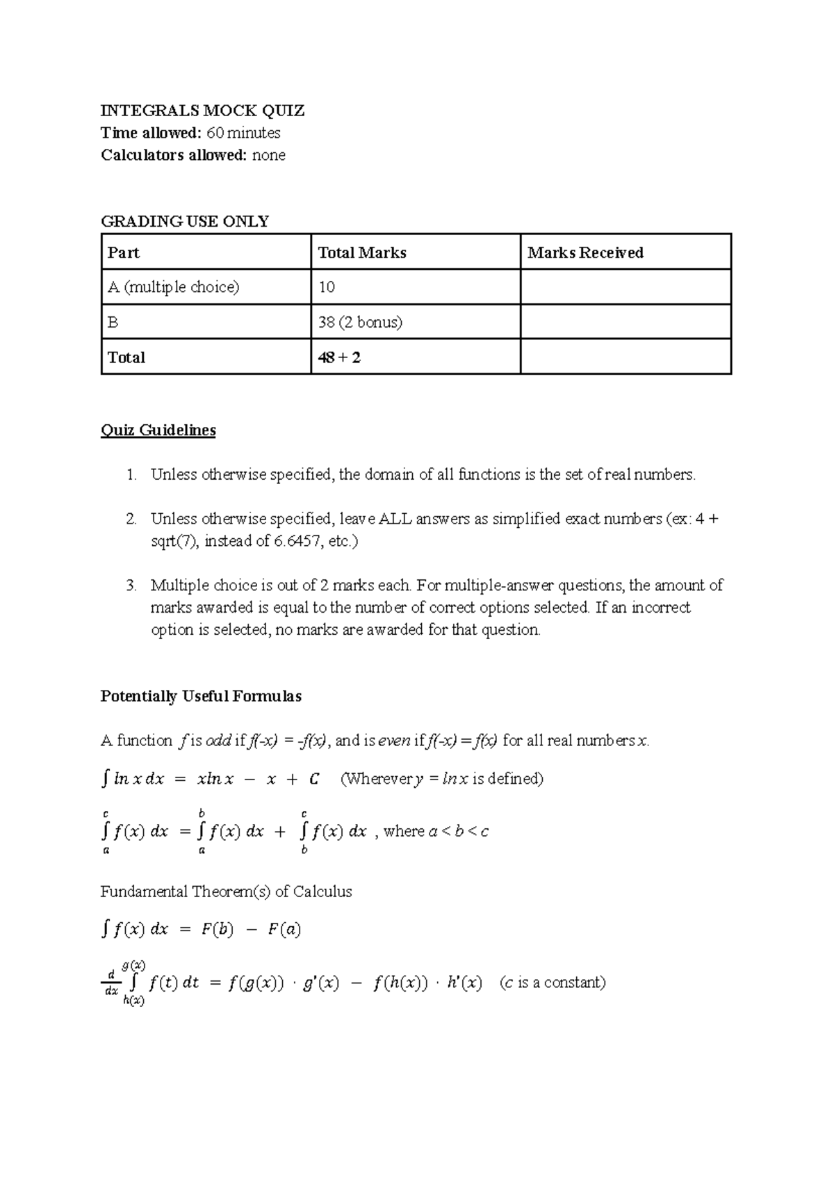 Calculus Unit 5 Integral Mock Quiz - 60 Min Time Limit - Studocu