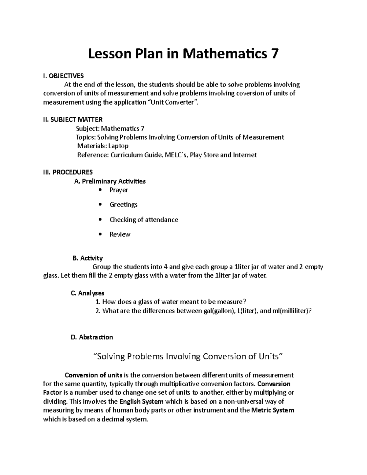 Mathematics 7 Lesson Plan: Unit Conversion Strategies and Activities ...