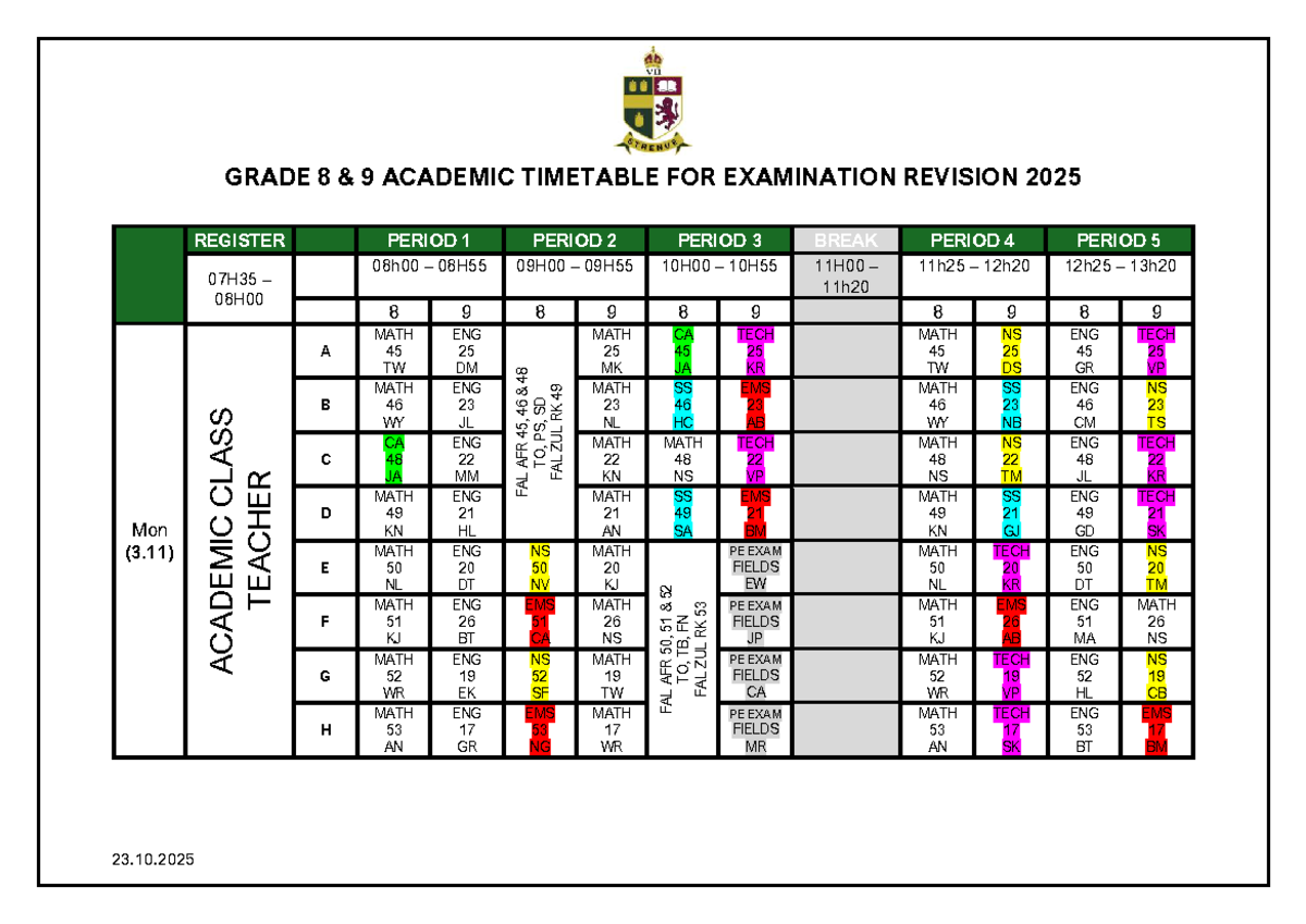 Grade 8 & 9 Academic Exam Timetable 2025 Revision Guide - Studocu
