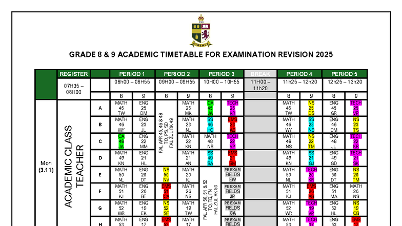 Grade 8 & 9 Academic Exam Timetable 2025 Revision Guide - Studocu