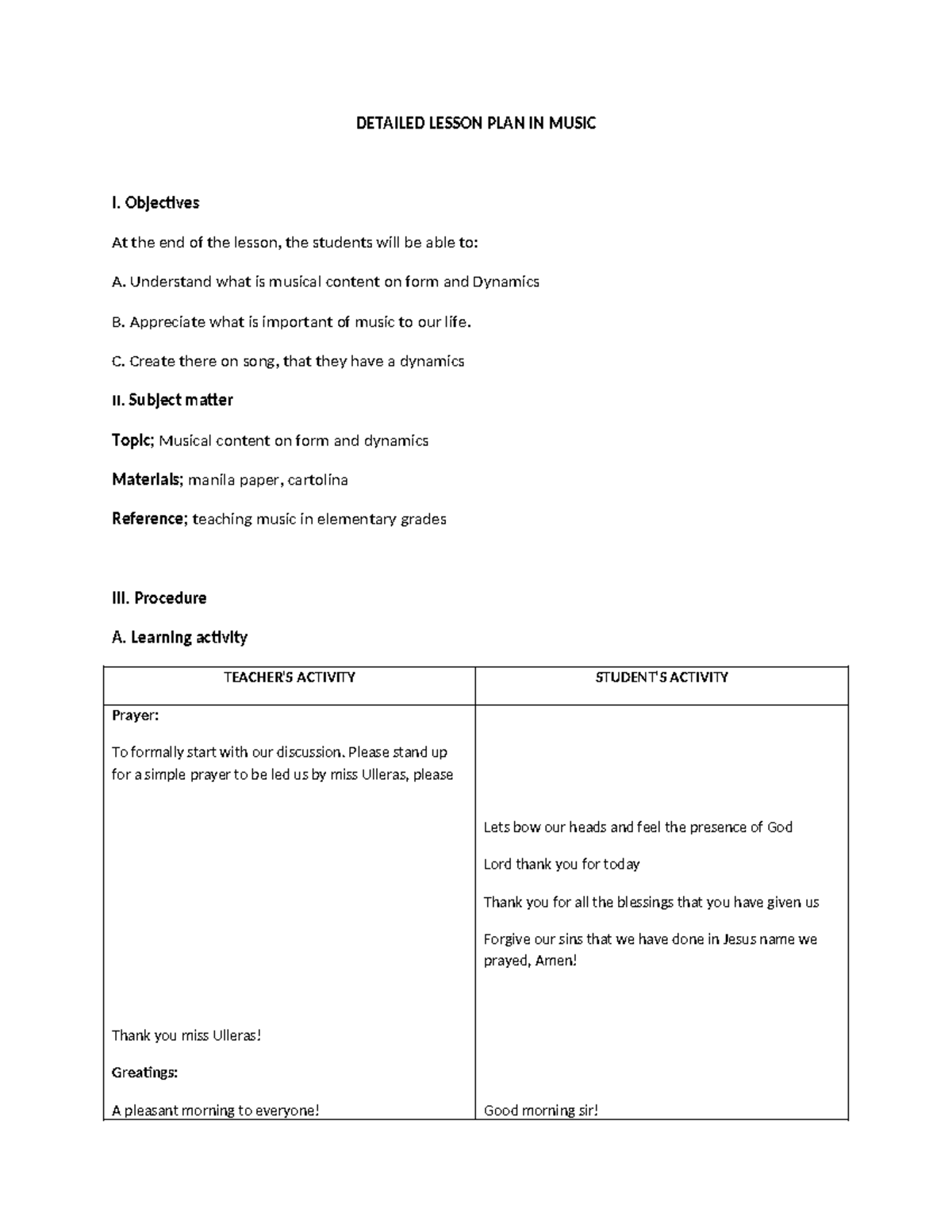Detailed Lesson Plan in Music (DLP) 033451: Form & Dynamics - Studocu