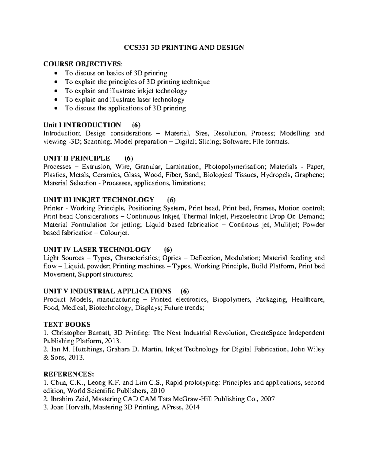 CCS331 3D Printing and Design Course Syllabus Overview - Studocu