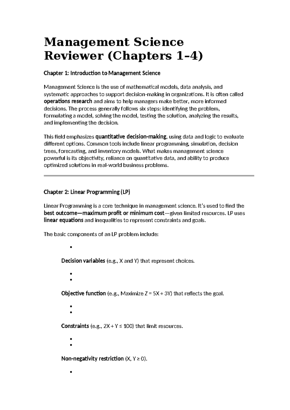 Management science reviewer (Chapters 1-4): Introduction to key ...