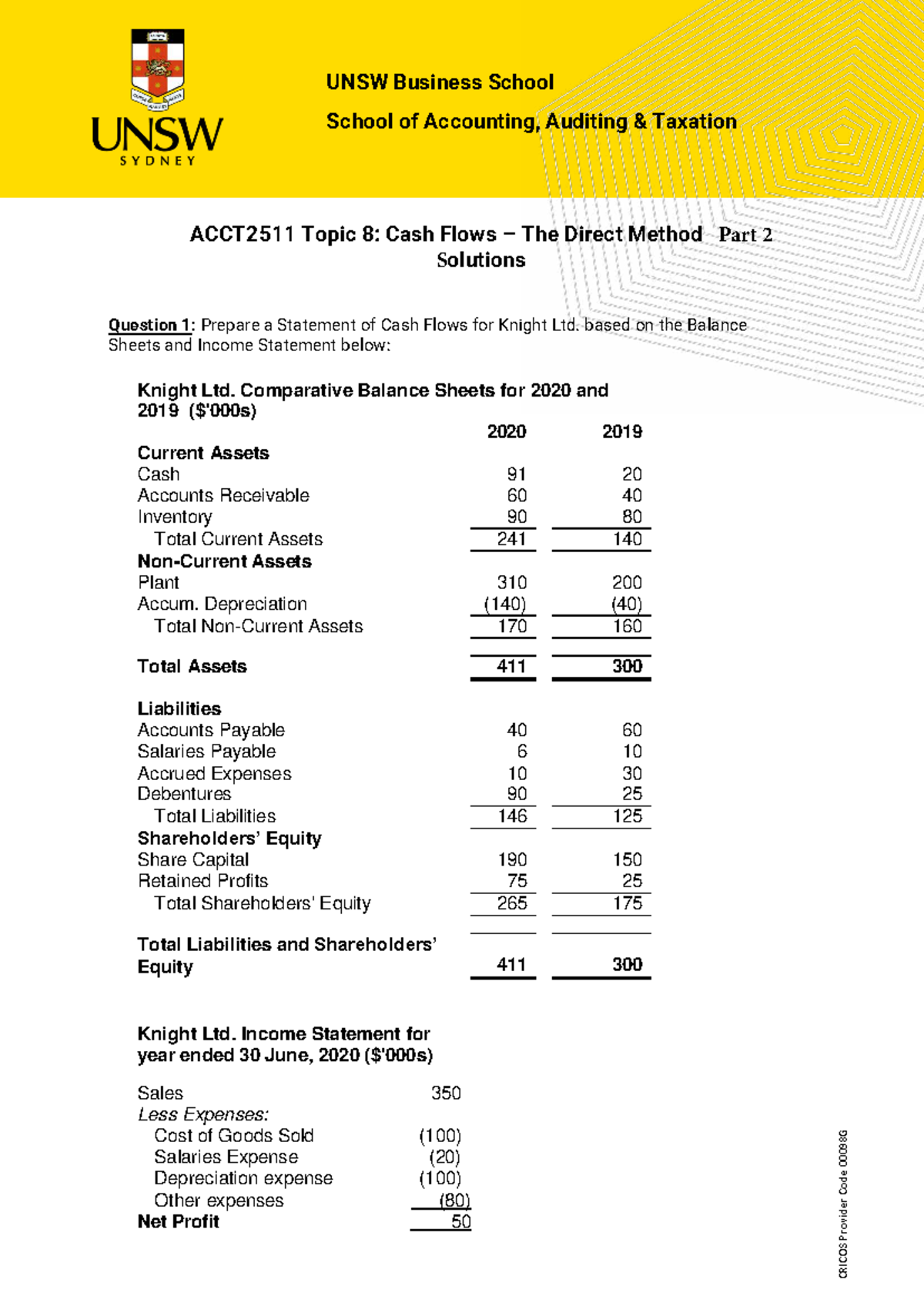 ACCT2511 Topic 8: Cash Flow Statement - Direct Method Solutions - Studocu