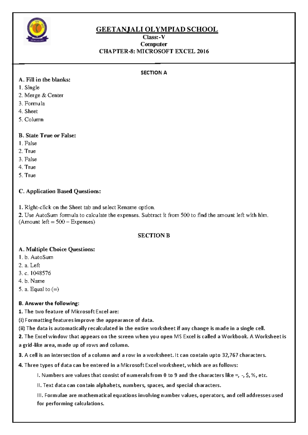 Grade 5 Computer Notes: Ch-8 Microsoft Excel 2016 Overview - Studocu