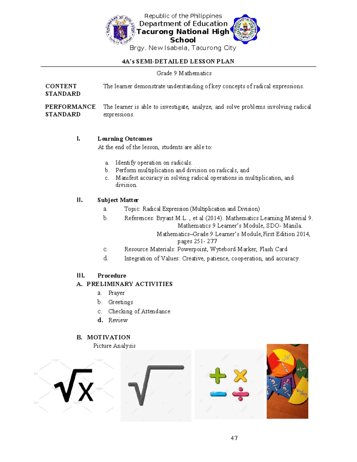 Grade 9 Math Lesson Plan: Radical Expressions (Multiplication ...