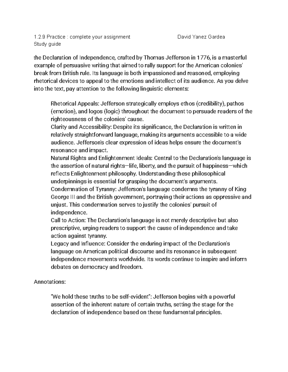 1.2.9 A Study Guide to the Declaration of Independence Analysis - Studocu