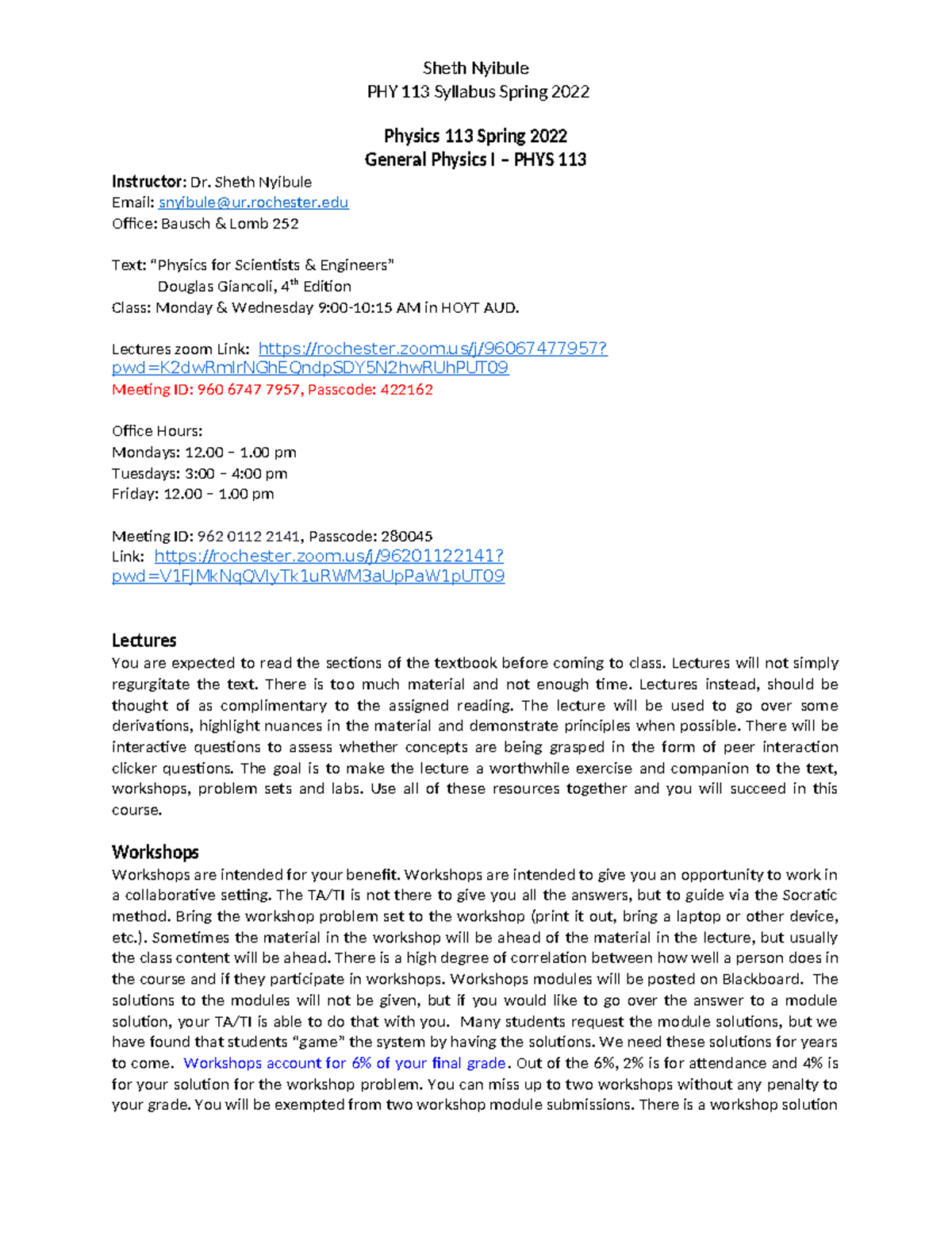 PHY 113 Spring 2022 Syllabus by Dr. Sheth Nyibule - Studocu