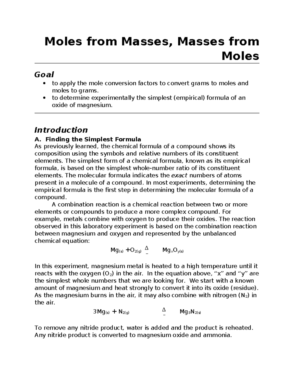 Moles and Masses Lab Experiment: Finding the Simplest Formula EAtwood ...