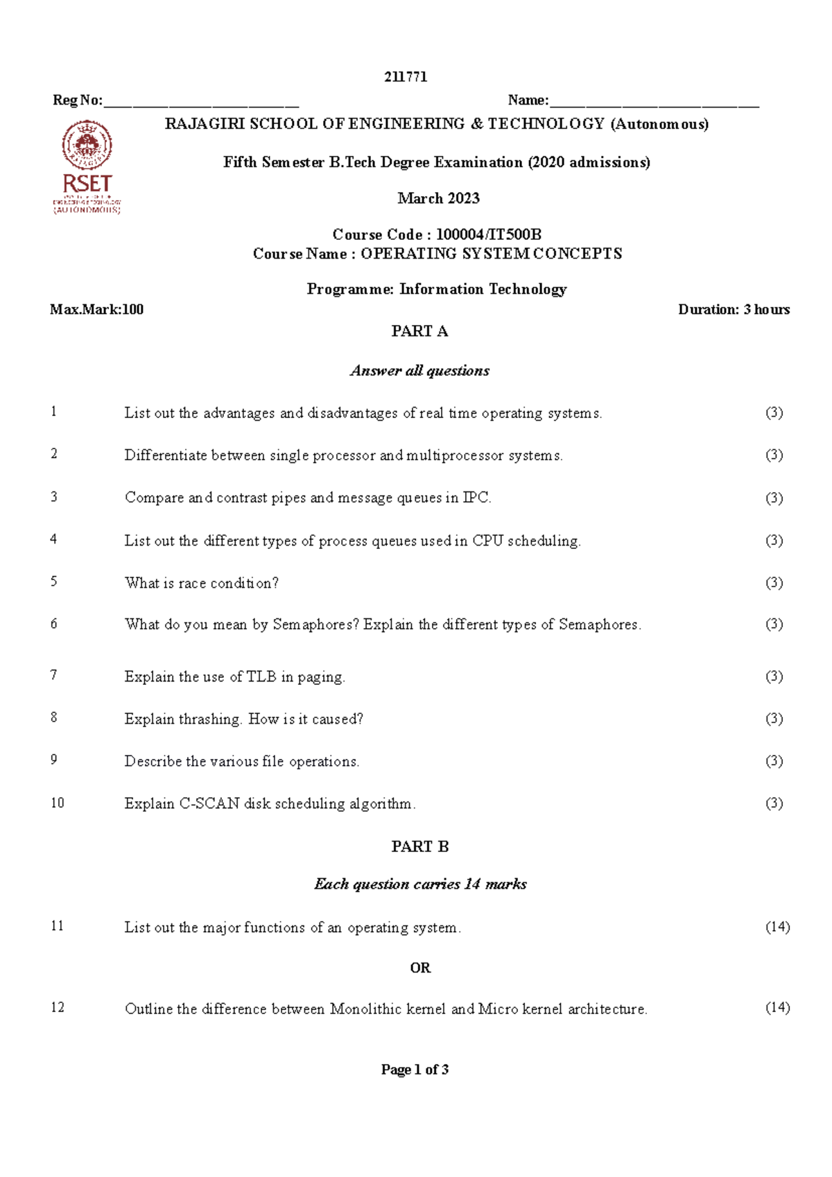 211771 - OS QUESTION PAPER - 211771 Reg No ...