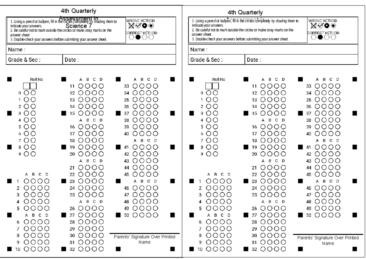 4th Quarterly Assessment Guide for Science 7 Answer Sheet - Studocu