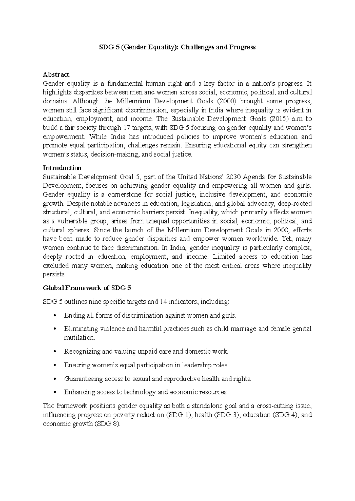 SDG 5: Gender Equality Challenges and Progress in India - Studocu