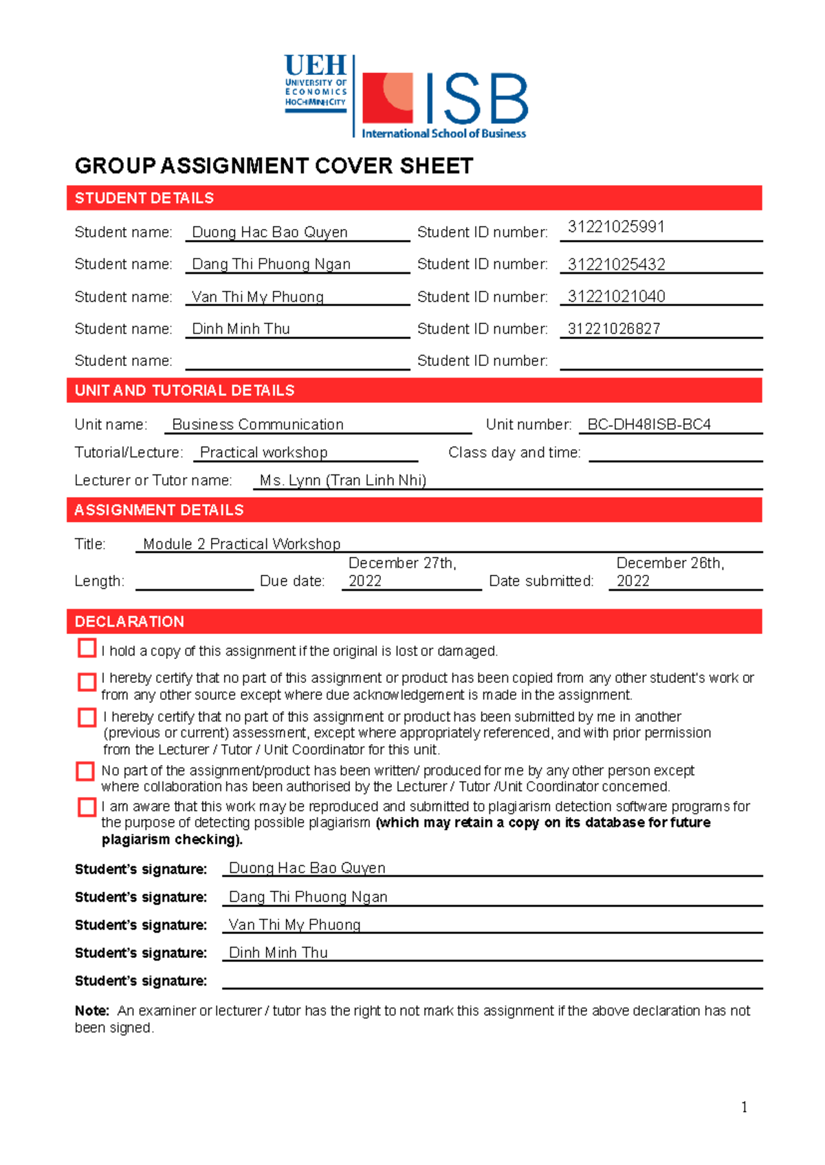 Module 2 Practical Workshop - Group Assignment Cover Sheet for BC ...
