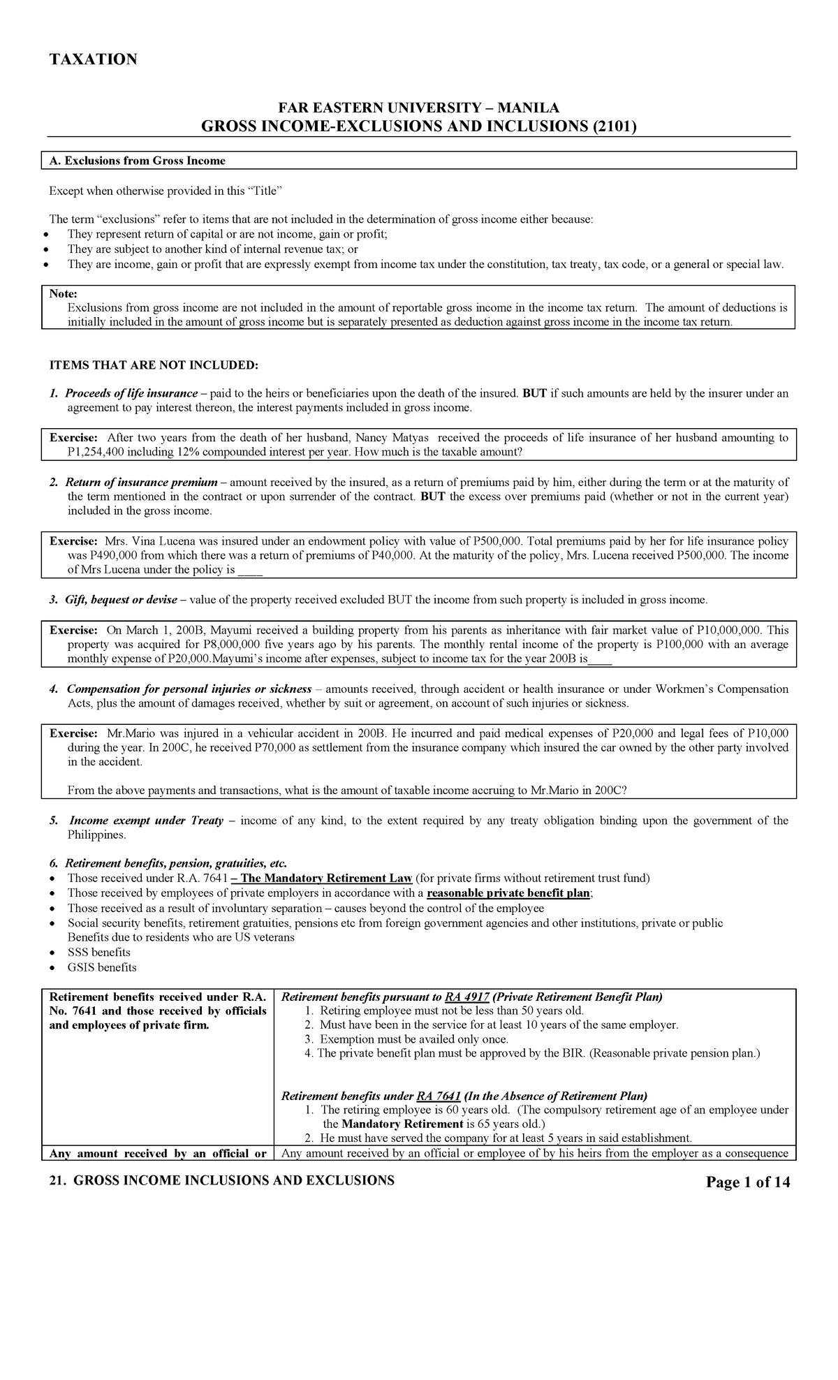 TAXATION (2101) Gross Income Inclusions and Exclusions Overview - Studocu