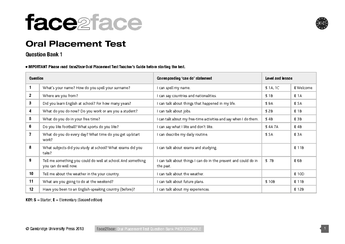 F2F Oral PT Question Bank - Preparation for Placement Test - Studocu