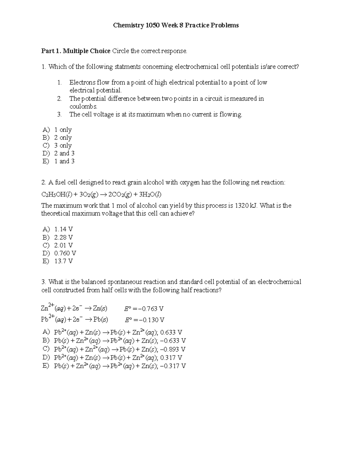 Chemistry 1050 Week 8 Practice Problems: Electrochemical Cells - Studocu