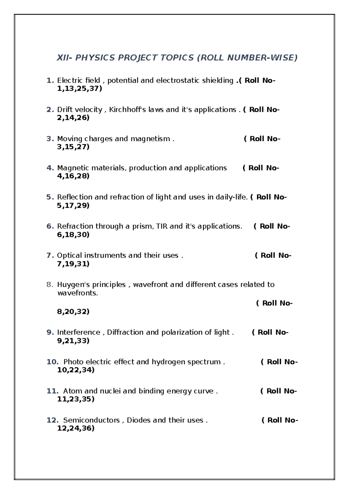 PHYSICS PROJECT TOPICS - XII: Key Concepts & Applications - Studocu
