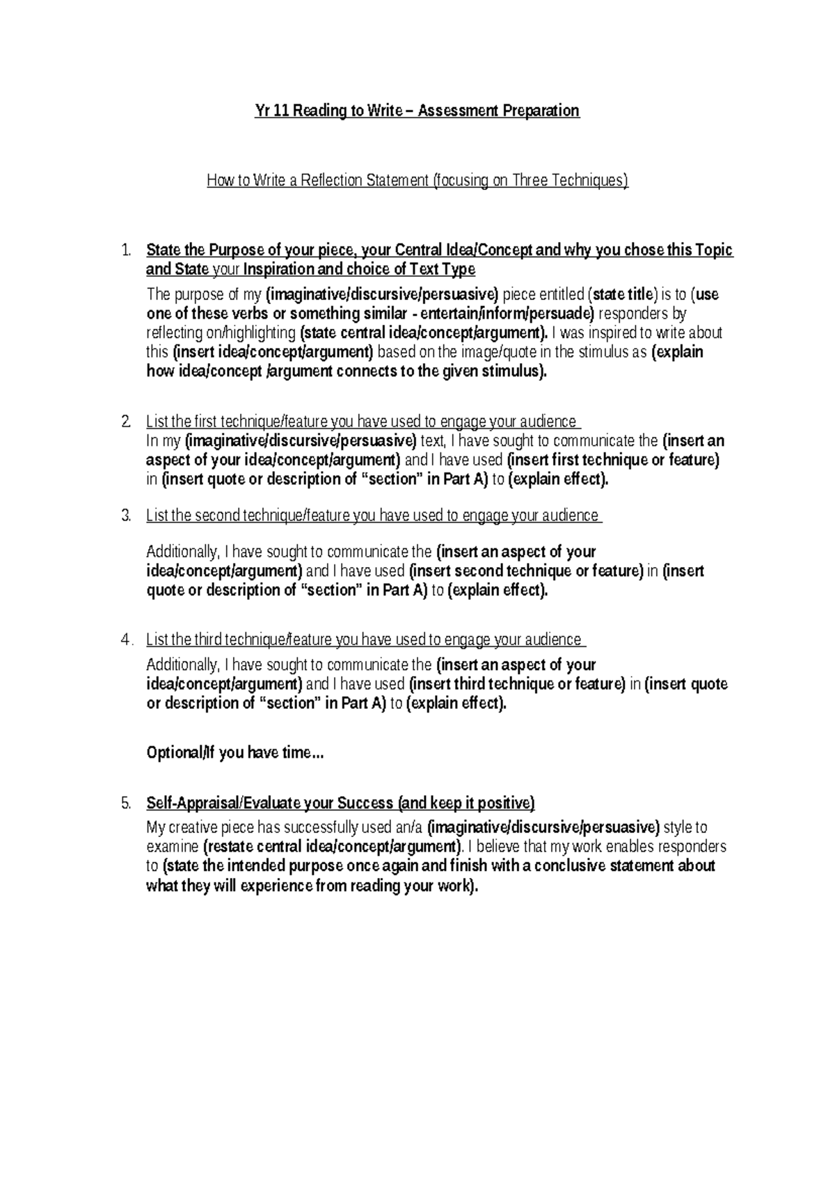 11 Reflection Statement Structure with Three Techniques - Yr 11 Reading ...