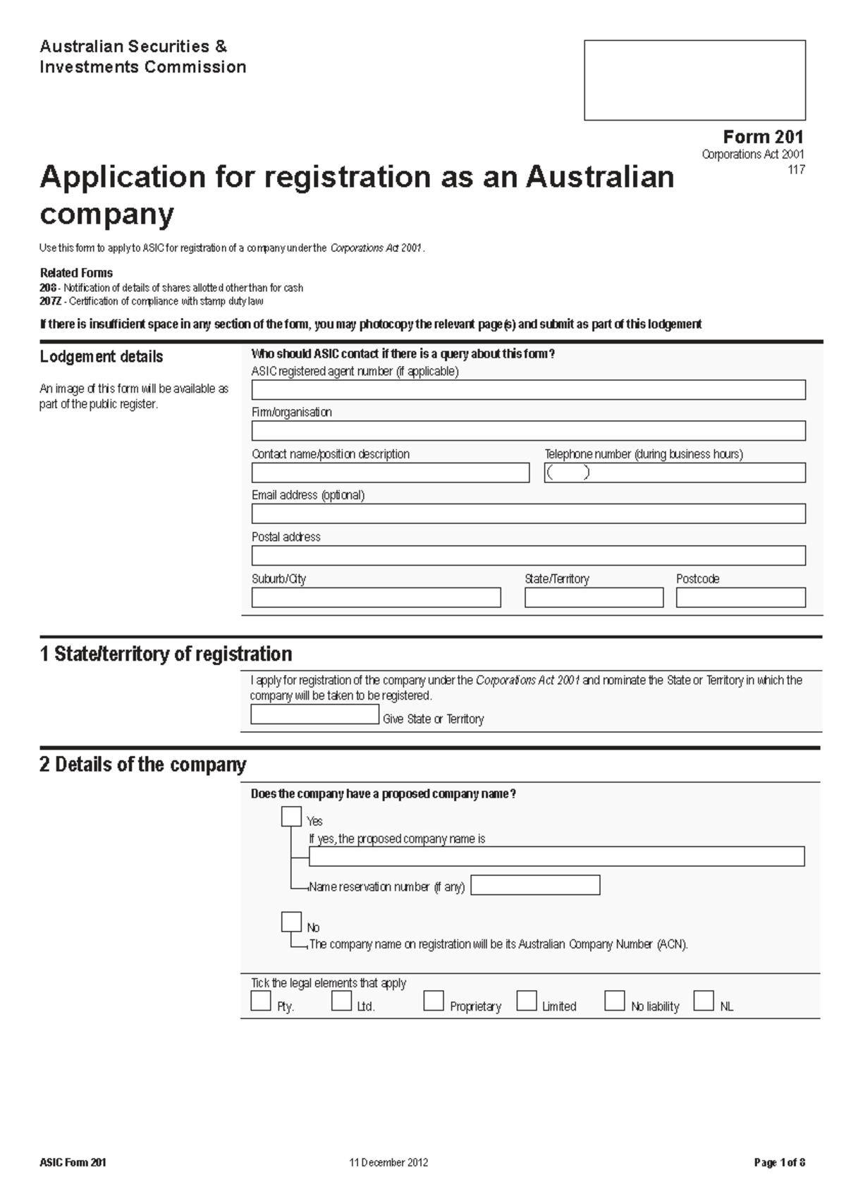 ASIC Form 201: Application for Registration as an Australian Company ...