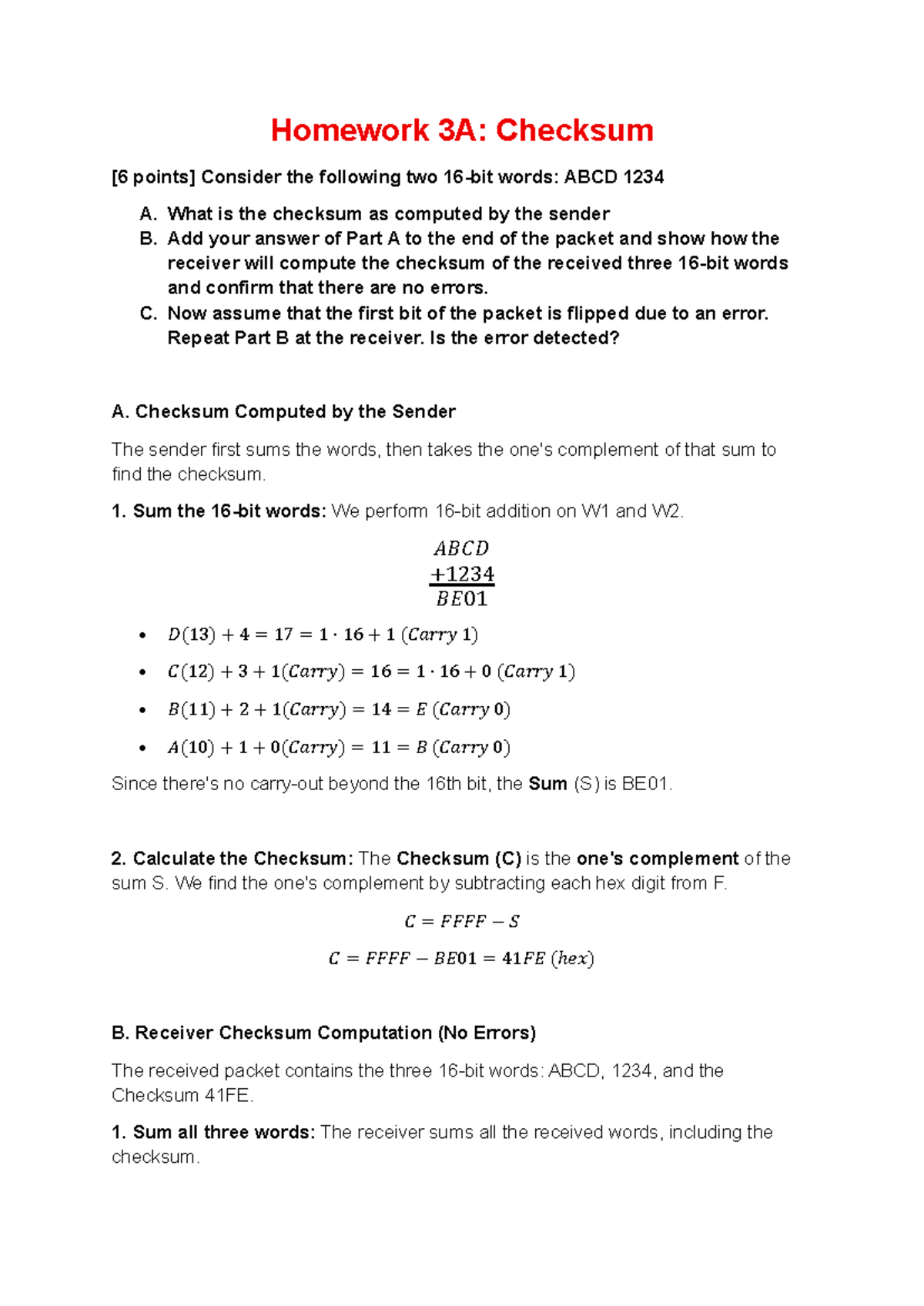 Transport Layer Homework 1: Checksum and Error Detection Analysis - Studocu