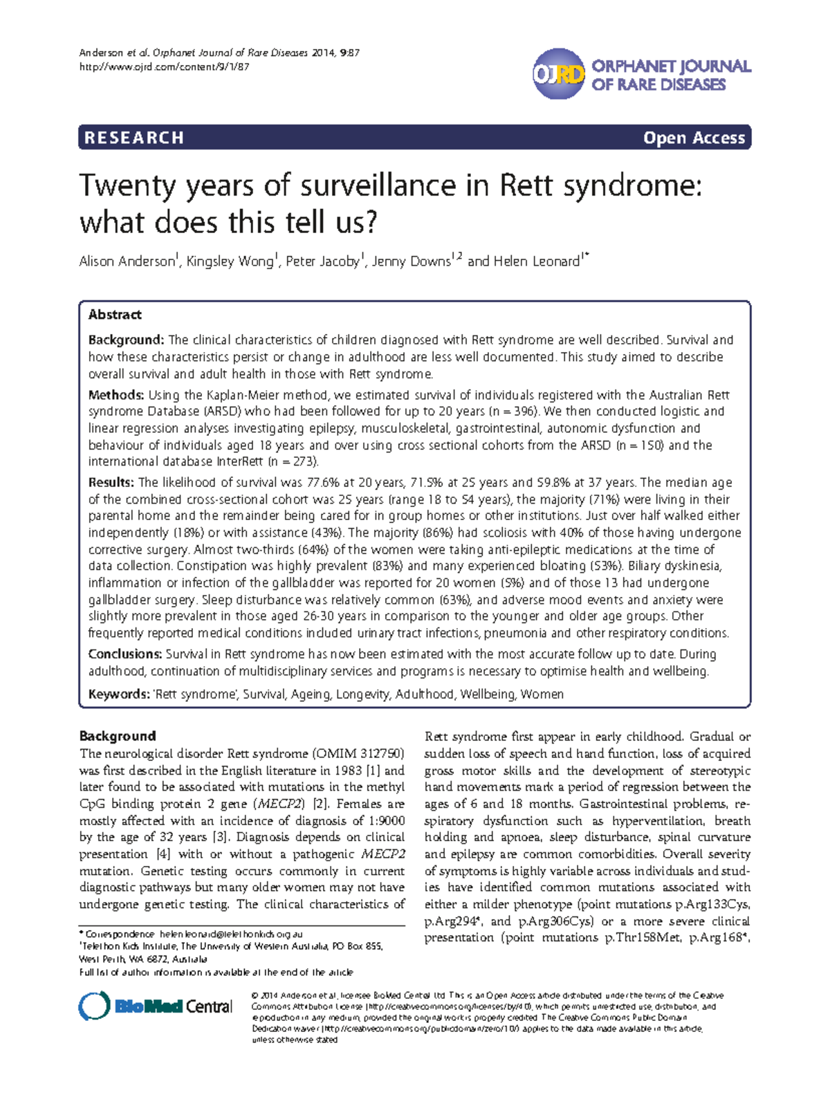 Survival and Health in Adults with Rett Syndrome: 20-Year Study (ARSD ...
