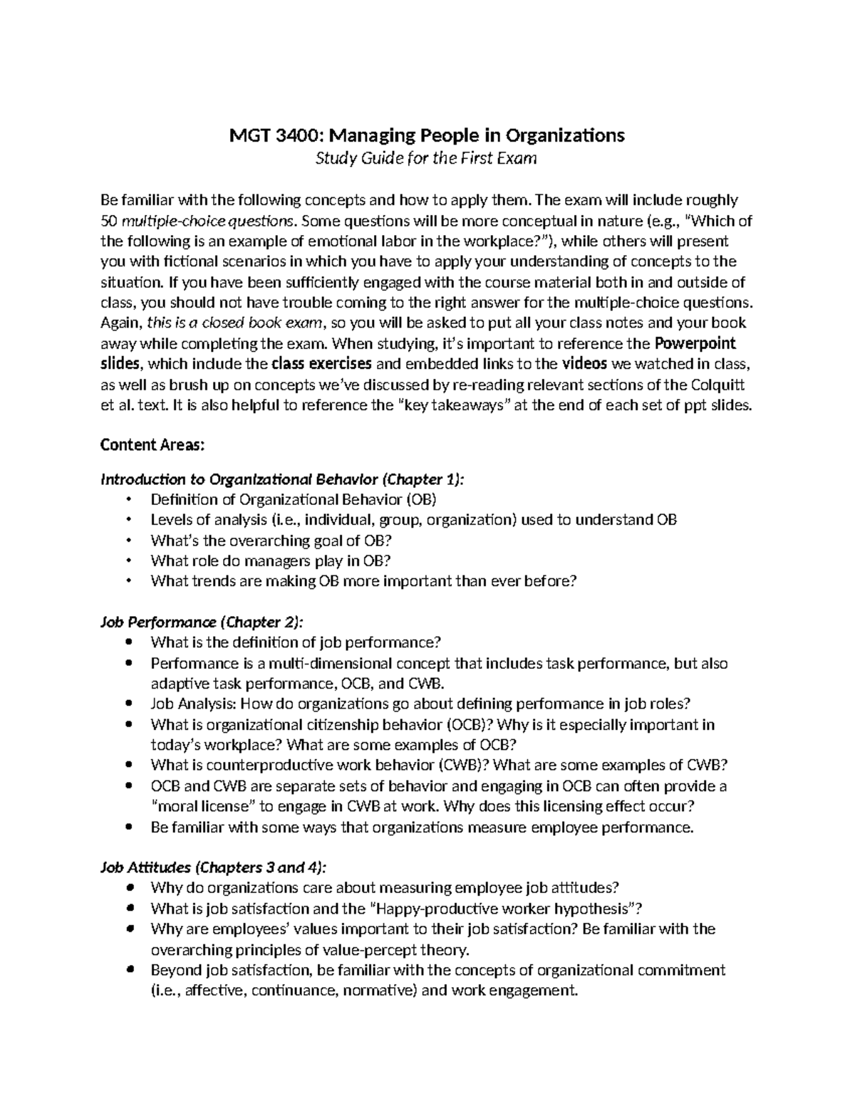Study Guide for MGT3400 First Exam - Managing People in Organizations ...